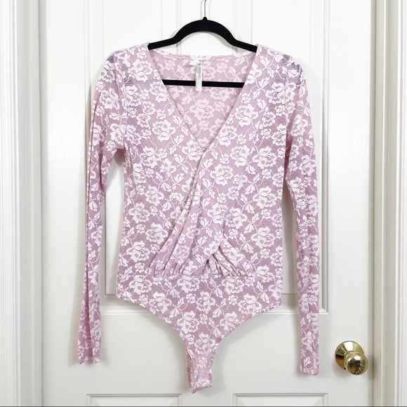 Free People Tops - FREE PEOPLE Sneaky Surplice Lace Long Sleeve Bodysuit Size M